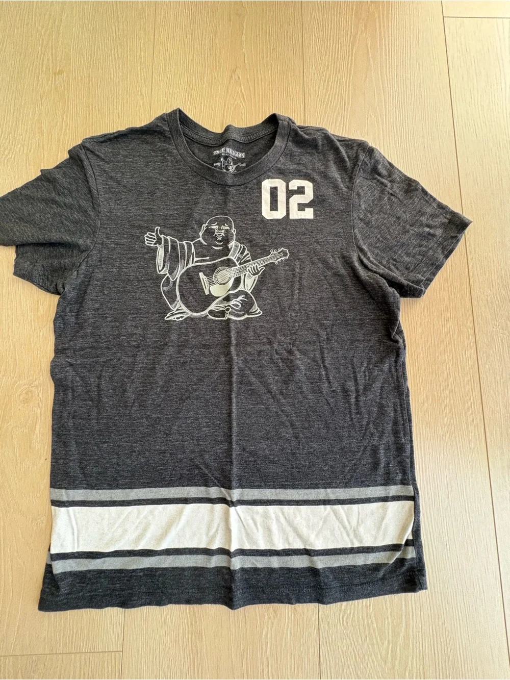 True Religion Charcoal Graphic Tee with Buddha Guitar and '02